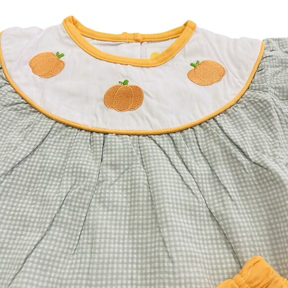 Abby & Evie Girls 4T Pumpkin Gingham Dress And bloomers Green NWT Fall - Picture 2 of 5
